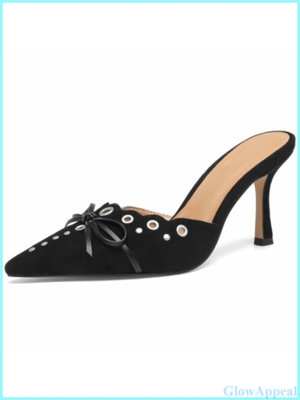Womens Pointed Toe Kitten Heels Suede Studded Bow Mule Pumps